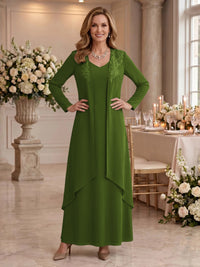 V Neck Long Sleeves 2 Pieces Lace A Line Mother of the Bride/Groom Dresses