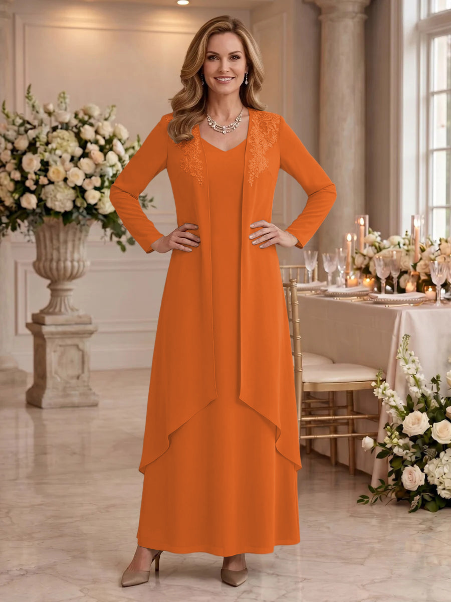 V Neck Long Sleeves 2 Pieces Lace A Line Mother of the Bride/Groom Dresses