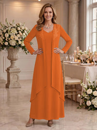 V Neck Long Sleeves 2 Pieces Lace A Line Mother of the Bride/Groom Dresses