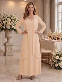V Neck Long Sleeves 2 Pieces Lace A Line Mother of the Bride/Groom Dresses
