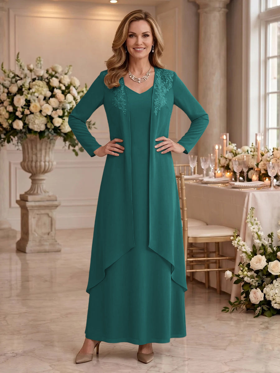 V Neck Long Sleeves 2 Pieces Lace A Line Mother of the Bride/Groom Dresses