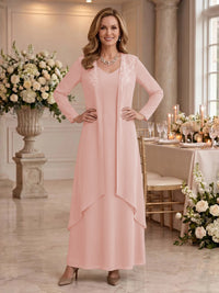 V Neck Long Sleeves 2 Pieces Lace A Line Mother of the Bride/Groom Dresses