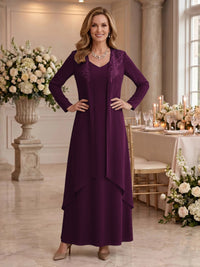V Neck Long Sleeves 2 Pieces Lace A Line Mother of the Bride/Groom Dresses