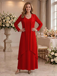 V Neck Long Sleeves 2 Pieces Lace A Line Mother of the Bride/Groom Dresses