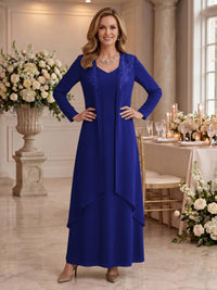 V Neck Long Sleeves 2 Pieces Lace A Line Mother of the Bride/Groom Dresses