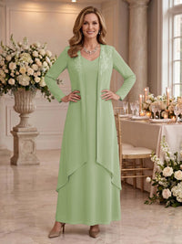 V Neck Long Sleeves 2 Pieces Lace A Line Mother of the Bride/Groom Dresses