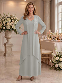 V Neck Long Sleeves 2 Pieces Lace A Line Mother of the Bride/Groom Dresses