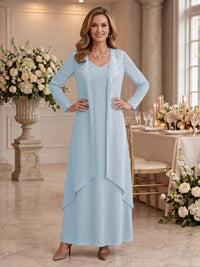 V Neck Long Sleeves 2 Pieces Lace A Line Mother of the Bride/Groom Dresses