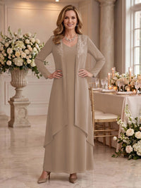 V Neck Long Sleeves 2 Pieces Lace A Line Mother of the Bride/Groom Dresses