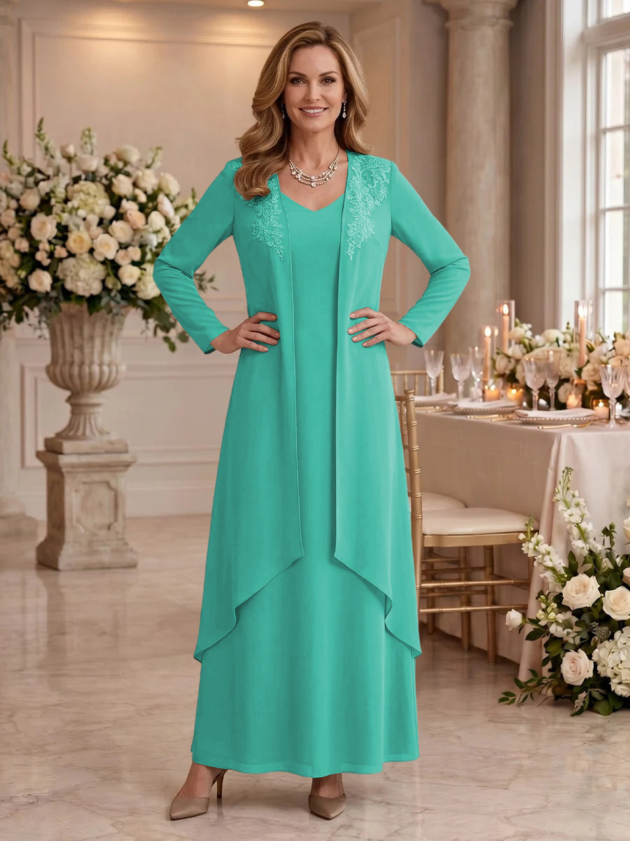 V Neck Long Sleeves 2 Pieces Lace A Line Mother of the Bride/Groom Dresses
