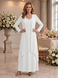 V Neck Long Sleeves 2 Pieces Lace A Line Mother of the Bride/Groom Dresses