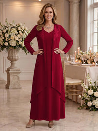 V Neck Long Sleeves 2 Pieces Lace A Line Mother of the Bride/Groom Dresses