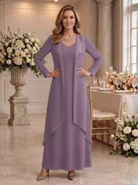 V Neck Long Sleeves 2 Pieces Lace A Line Mother of the Bride/Groom Dresses