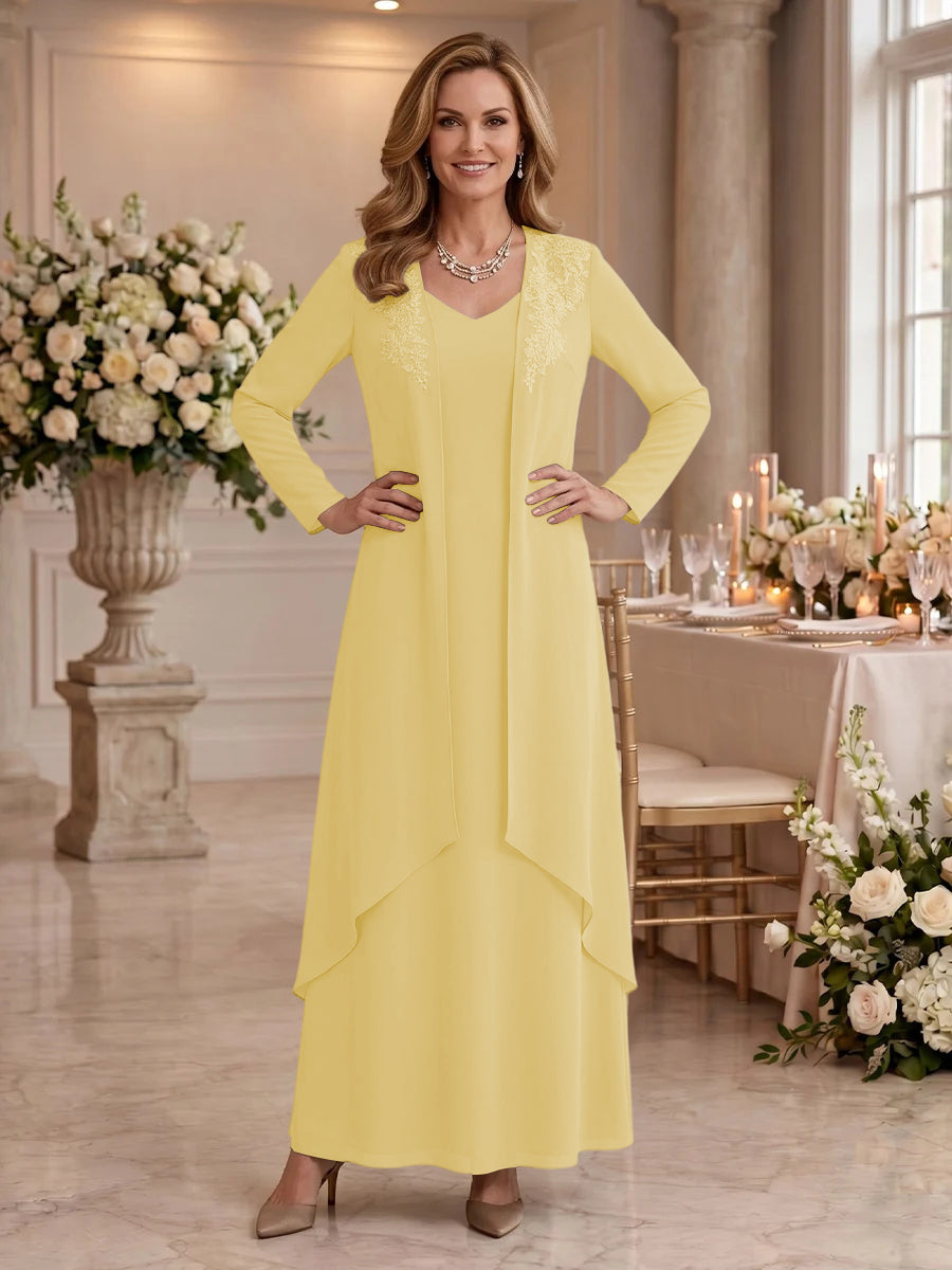 V Neck Long Sleeves 2 Pieces Lace A Line Mother of the Bride/Groom Dresses