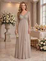 V Neck Chiffon Floor Length Mother of the Bride/Groom Dresses with Sleeves