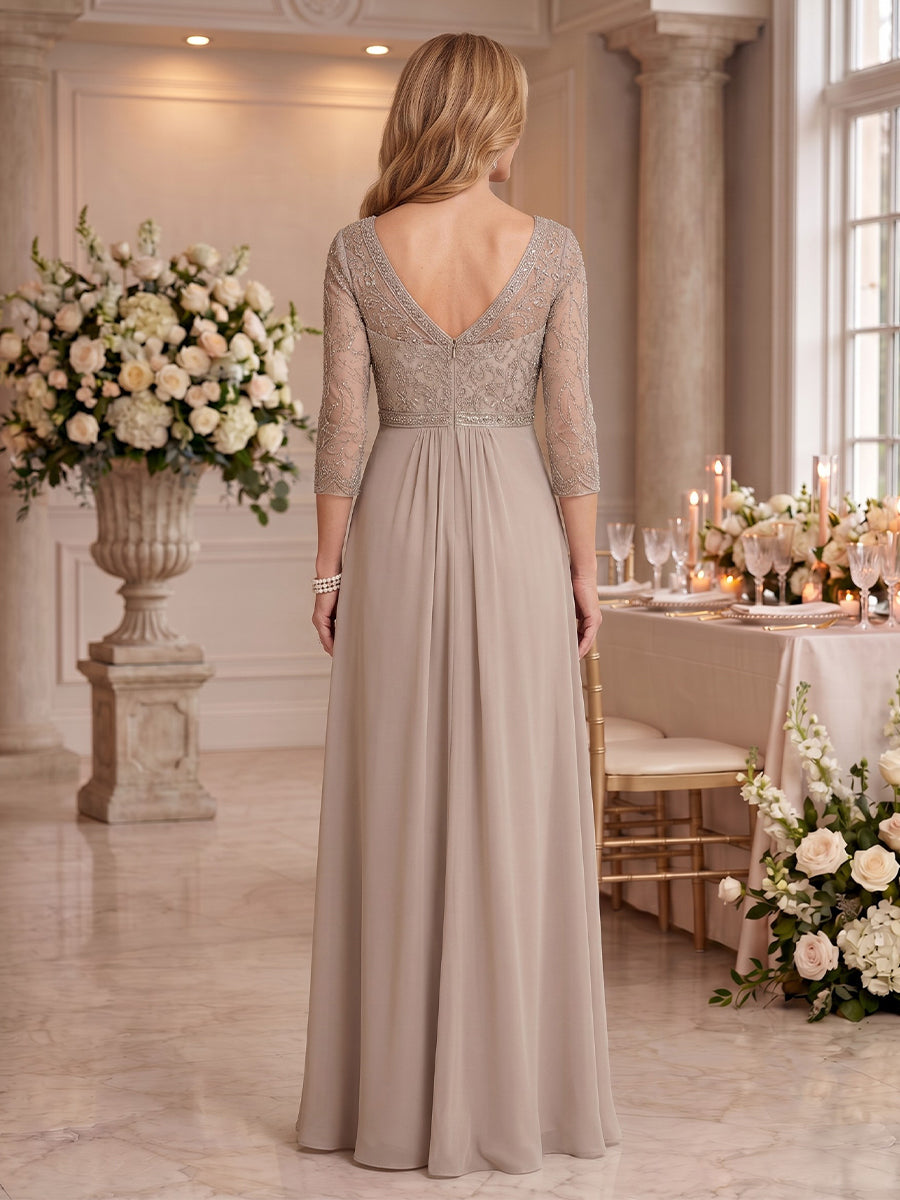 V Neck Chiffon Floor Length Mother of the Bride/Groom Dresses with Sleeves