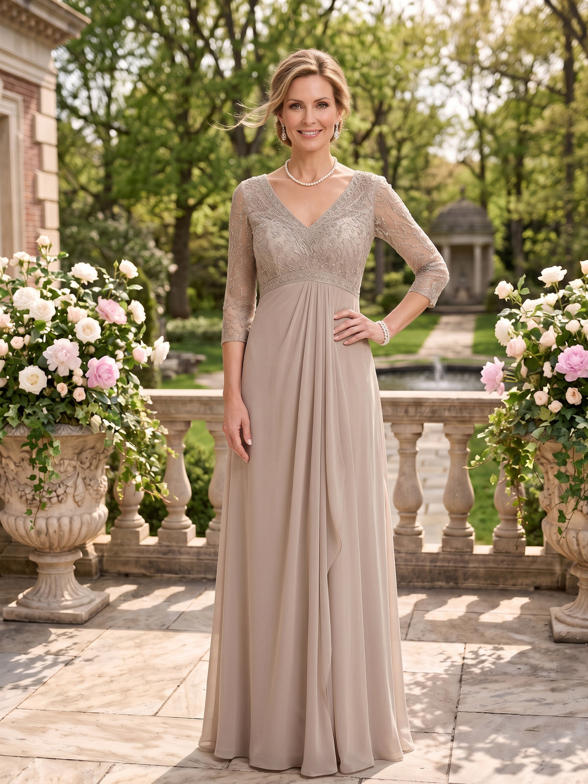 V Neck Chiffon Floor Length Mother of the Bride/Groom Dresses with Sleeves