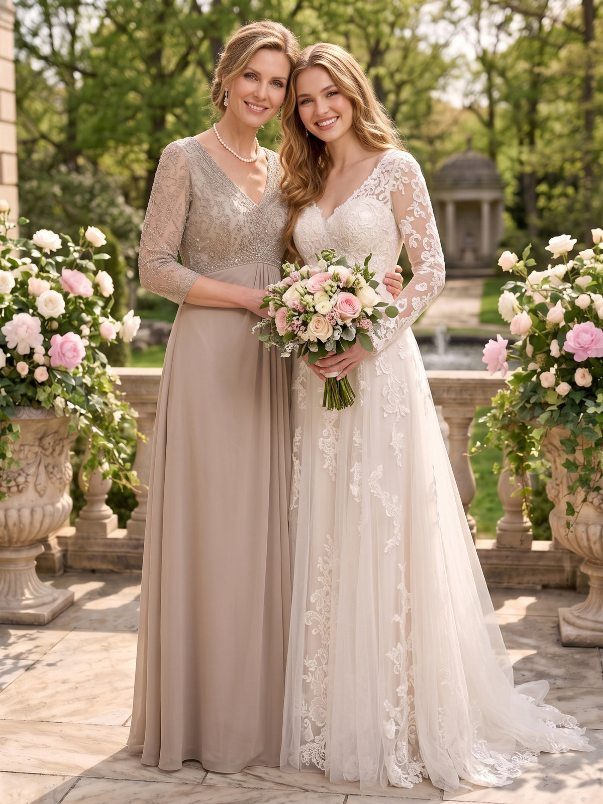 V Neck Chiffon Floor Length Mother of the Bride/Groom Dresses with Sleeves
