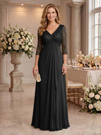V Neck Chiffon Floor Length Mother of the Bride/Groom Dresses with Sleeves