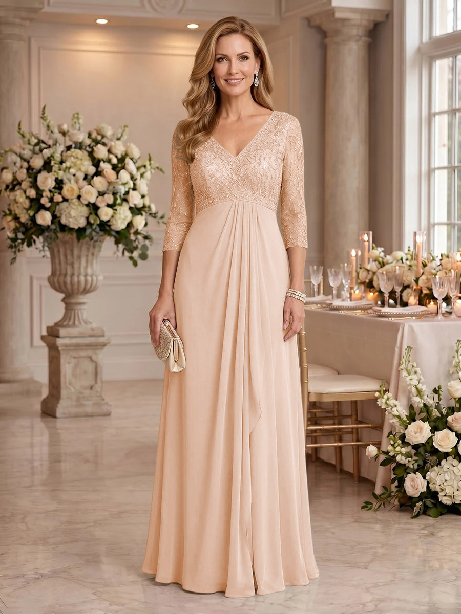 V Neck Chiffon Floor Length Mother of the Bride/Groom Dresses with Sleeves