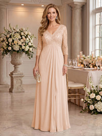 V Neck Chiffon Floor Length Mother of the Bride/Groom Dresses with Sleeves