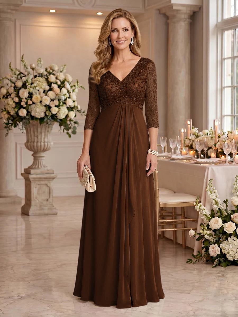 V Neck Chiffon Floor Length Mother of the Bride/Groom Dresses with Sleeves