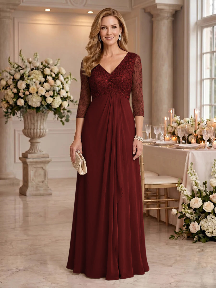 V Neck Chiffon Floor Length Mother of the Bride/Groom Dresses with Sleeves
