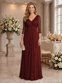 V Neck Chiffon Floor Length Mother of the Bride/Groom Dresses with Sleeves