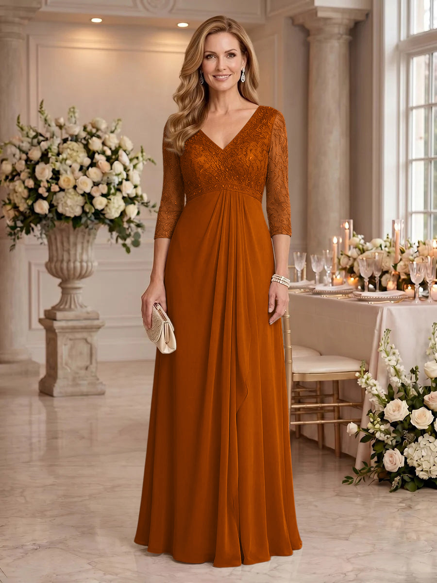 V Neck Chiffon Floor Length Mother of the Bride/Groom Dresses with Sleeves