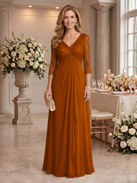 V Neck Chiffon Floor Length Mother of the Bride/Groom Dresses with Sleeves