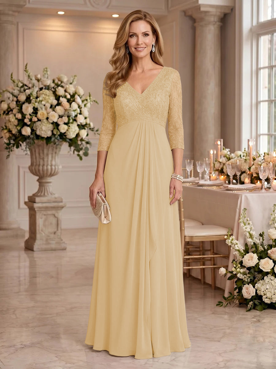 V Neck Chiffon Floor Length Mother of the Bride/Groom Dresses with Sleeves