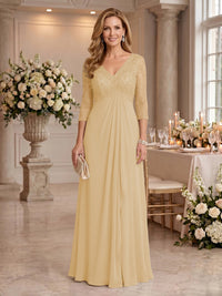 V Neck Chiffon Floor Length Mother of the Bride/Groom Dresses with Sleeves