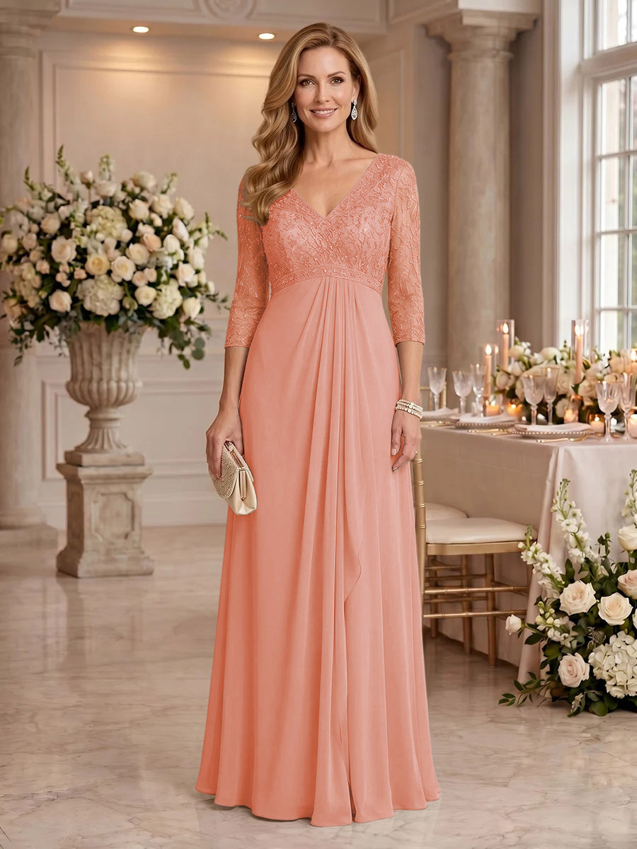 V Neck Chiffon Floor Length Mother of the Bride/Groom Dresses with Sleeves