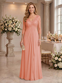 V Neck Chiffon Floor Length Mother of the Bride/Groom Dresses with Sleeves