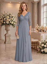 V Neck Chiffon Floor Length Mother of the Bride/Groom Dresses with Sleeves