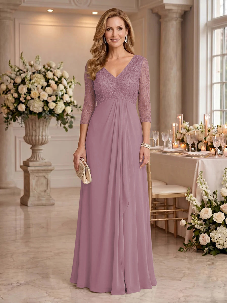 V Neck Chiffon Floor Length Mother of the Bride/Groom Dresses with Sleeves