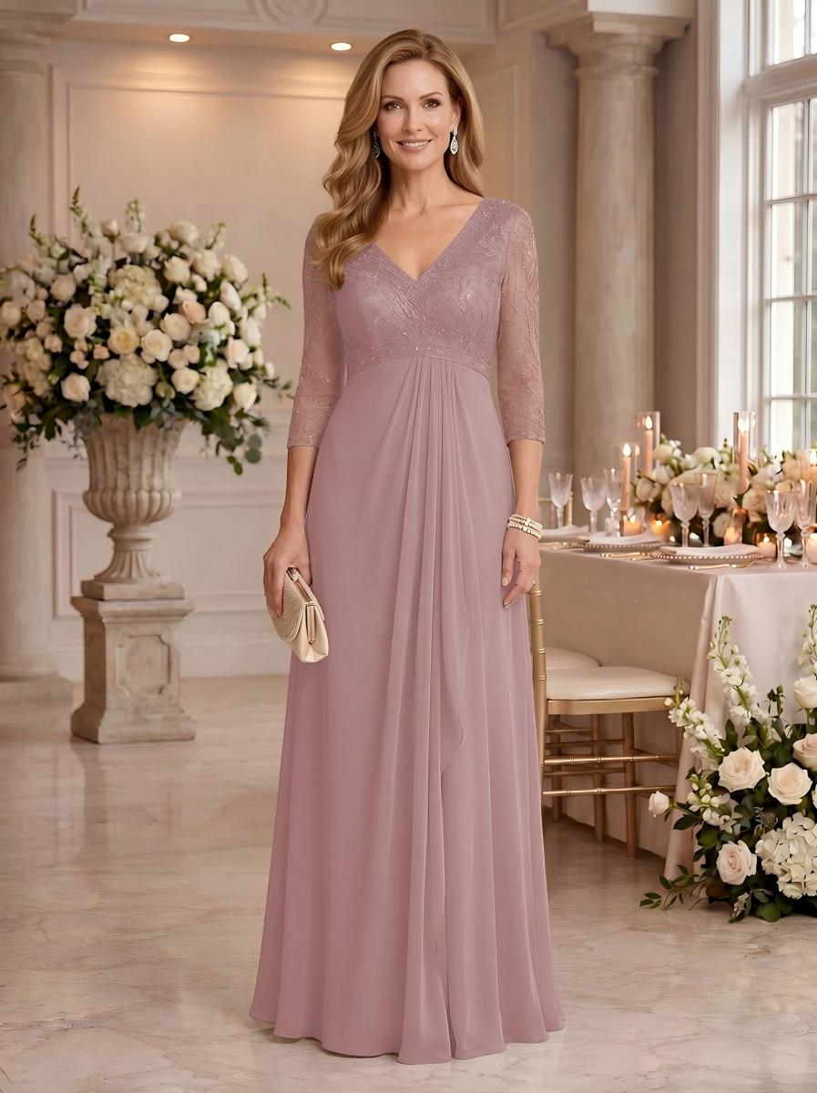 V Neck Chiffon Floor Length Mother of the Bride/Groom Dresses with Sleeves