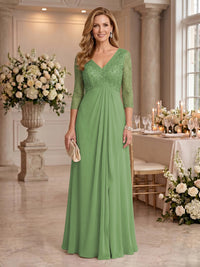 V Neck Chiffon Floor Length Mother of the Bride/Groom Dresses with Sleeves
