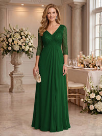 V Neck Chiffon Floor Length Mother of the Bride/Groom Dresses with Sleeves