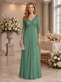 V Neck Chiffon Floor Length Mother of the Bride/Groom Dresses with Sleeves