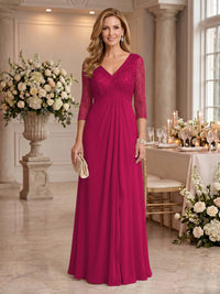 V Neck Chiffon Floor Length Mother of the Bride/Groom Dresses with Sleeves