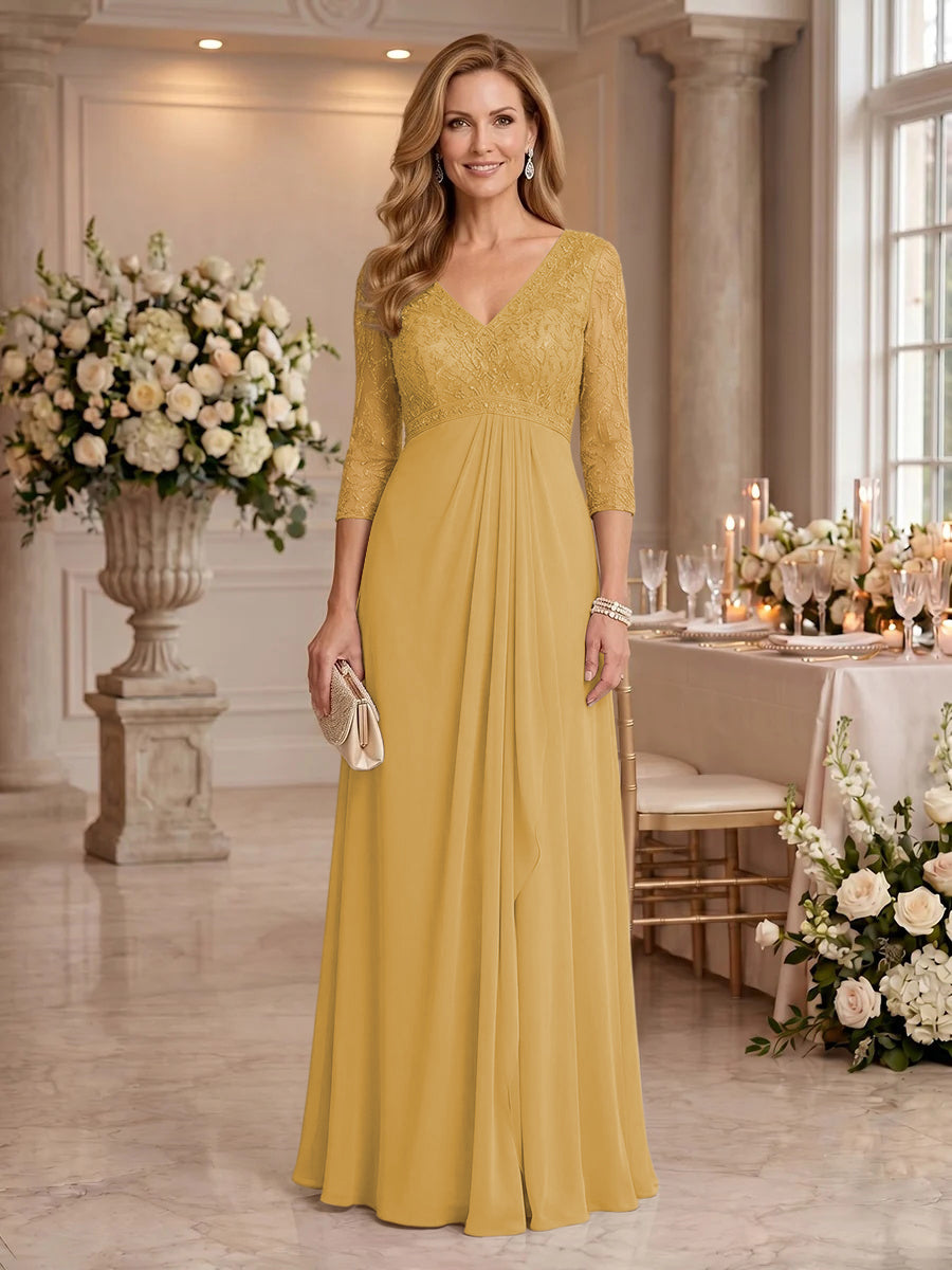 V Neck Chiffon Floor Length Mother of the Bride/Groom Dresses with Sleeves