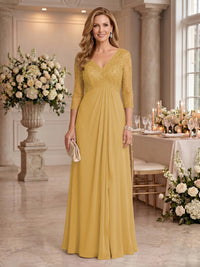 V Neck Chiffon Floor Length Mother of the Bride/Groom Dresses with Sleeves