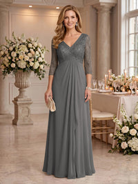 V Neck Chiffon Floor Length Mother of the Bride/Groom Dresses with Sleeves