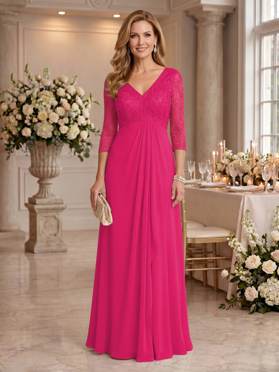 V Neck Chiffon Floor Length Mother of the Bride/Groom Dresses with Sleeves