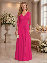 V Neck Chiffon Floor Length Mother of the Bride/Groom Dresses with Sleeves