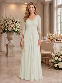 V Neck Chiffon Floor Length Mother of the Bride/Groom Dresses with Sleeves