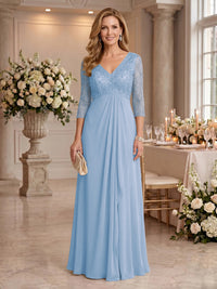 V Neck Chiffon Floor Length Mother of the Bride/Groom Dresses with Sleeves