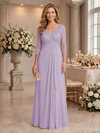 V Neck Chiffon Floor Length Mother of the Bride/Groom Dresses with Sleeves
