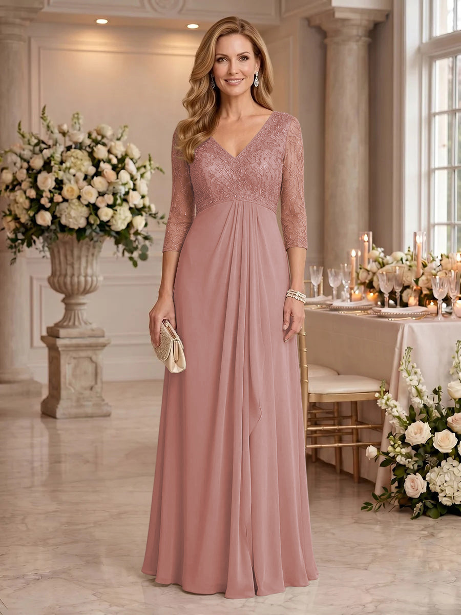 V Neck Chiffon Floor Length Mother of the Bride/Groom Dresses with Sleeves